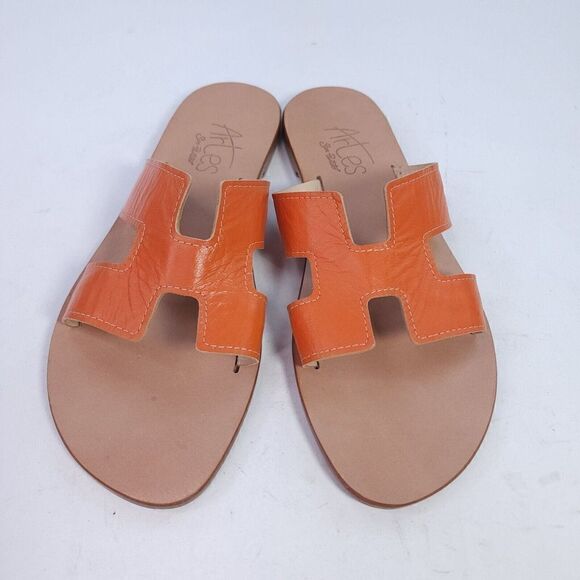 Artes San pantaleo Sardinia Women's Handmade Slide US 10 Orange Leather Sandals - Picture 5 of 11